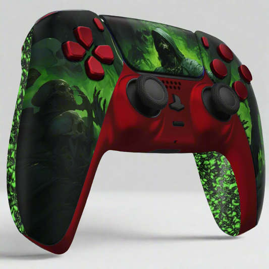 A front view of the GOAT Dark Carnival Custom PS5 controller.
