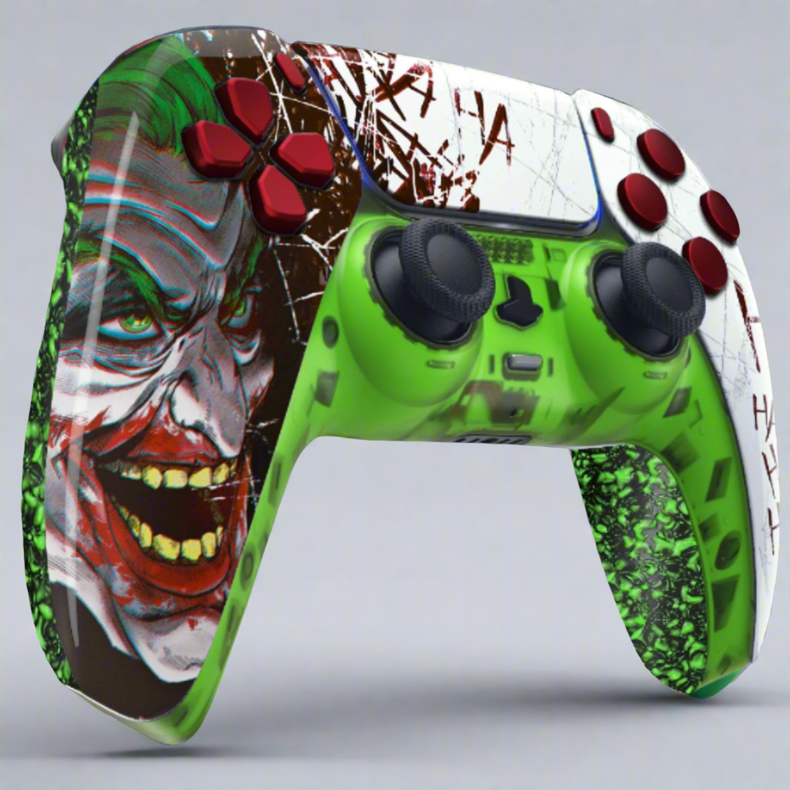 Front view of the GOAT laughing joker custom PS5 controller